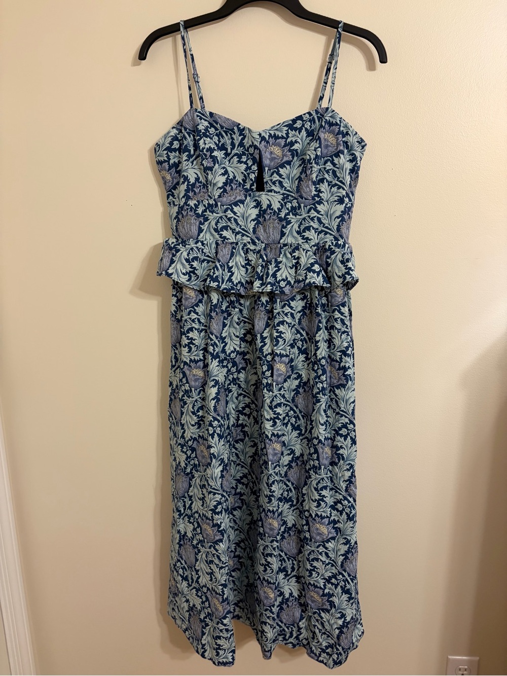 Hyacinth House | Blue Floral Spaghetti-Strap Midi Dress- Ruffle Waist size S